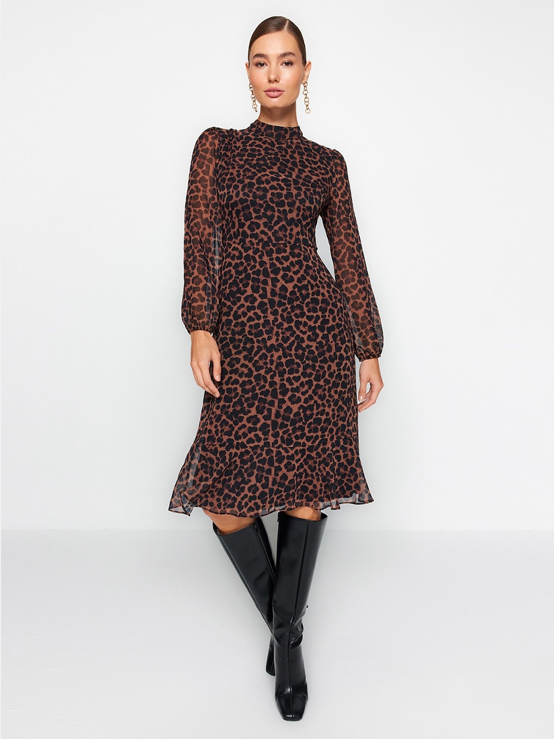 

Trendyol Animal Printed Puff Sleeve Fit & Flare Dress, Beige