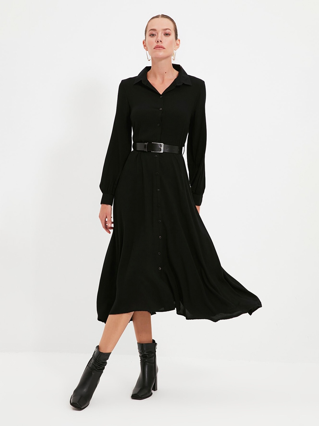 

Trendyol Shirt Collar Puff Sleeves Shirt Midi Dress, Black
