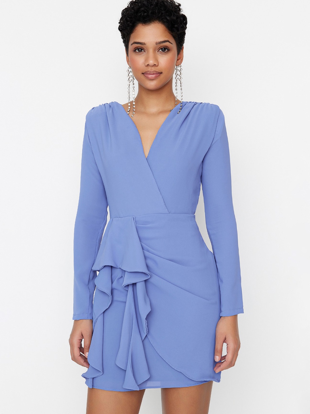 

Trendyol V-Neck Long Sleeve Ruffled Sheath Mini Dress, Blue