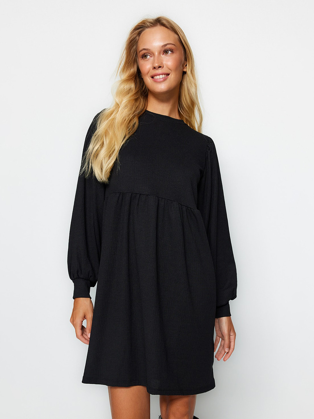 

Trendyol Round Neck Puff Sleeve Pleated Fit & Flare Mini Dress, Black