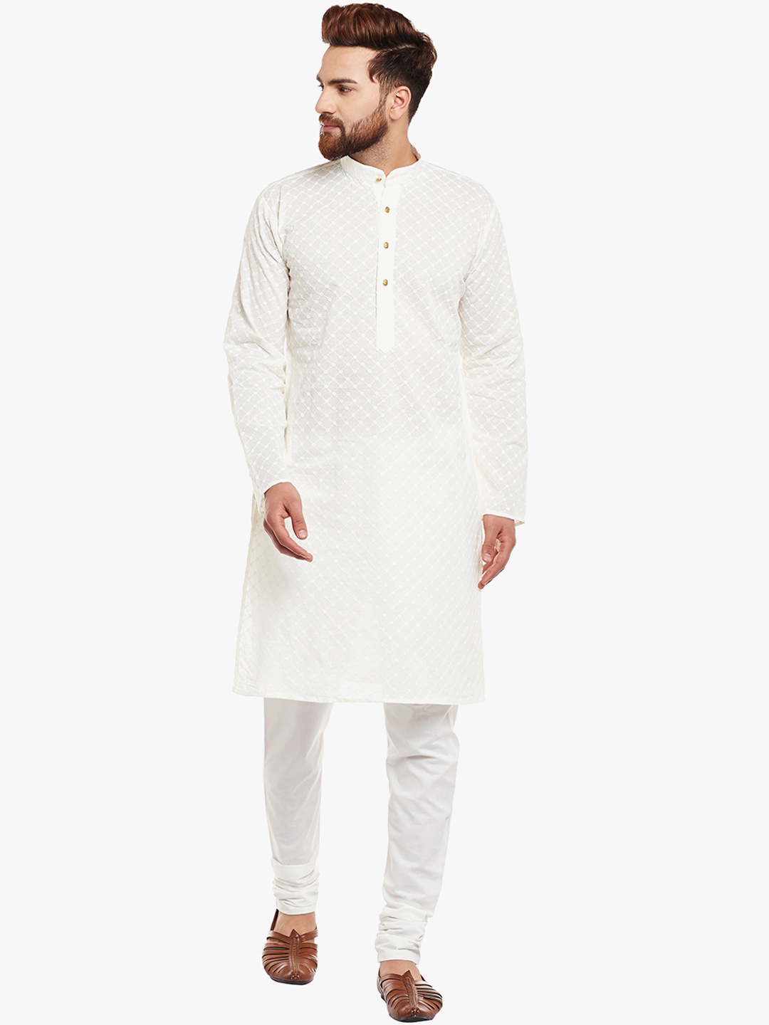 

SOJANYA Men Off-White Embroidered Straight Kurta