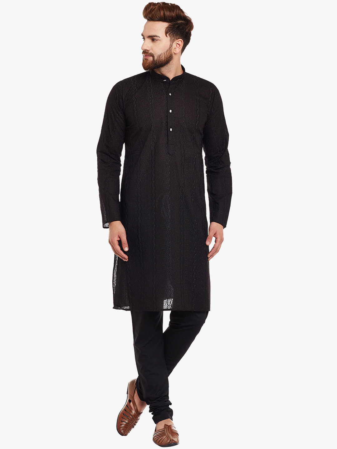 

SOJANYA Men Black Embroidered Straight Kurta