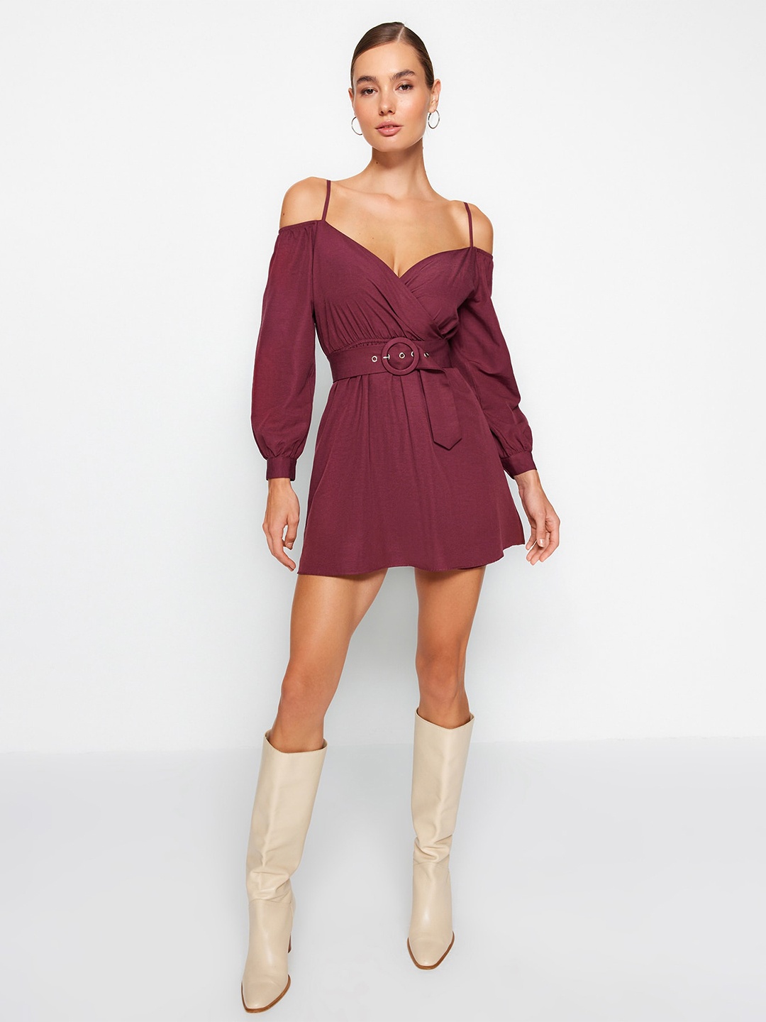 

Trendyol Belt Detailed Shoulder Straps Puff Sleeve Fit & Flare Mini Dress, Burgundy
