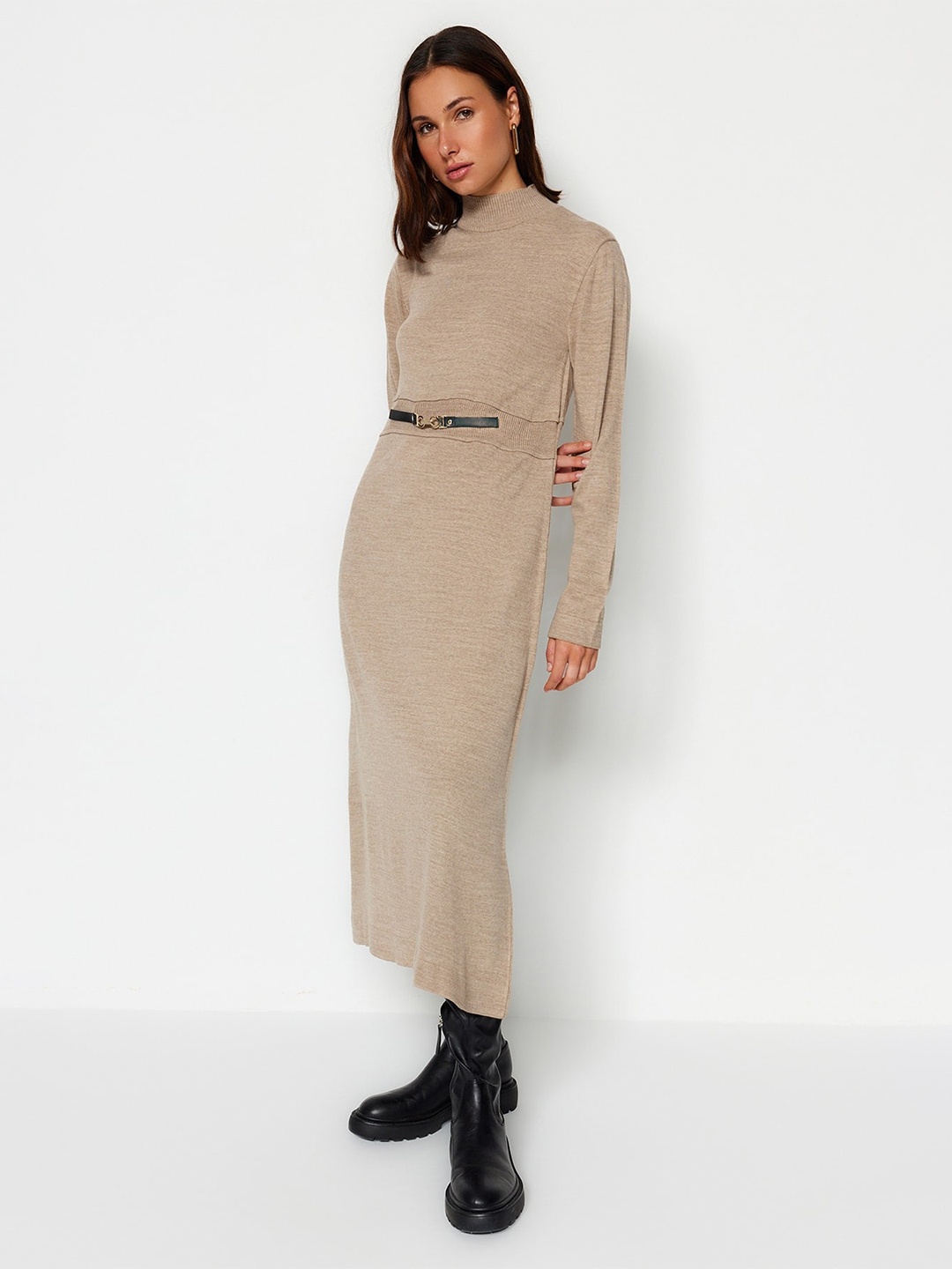 

Trendyol Round Neck Acrylic Sheath Dress, Beige