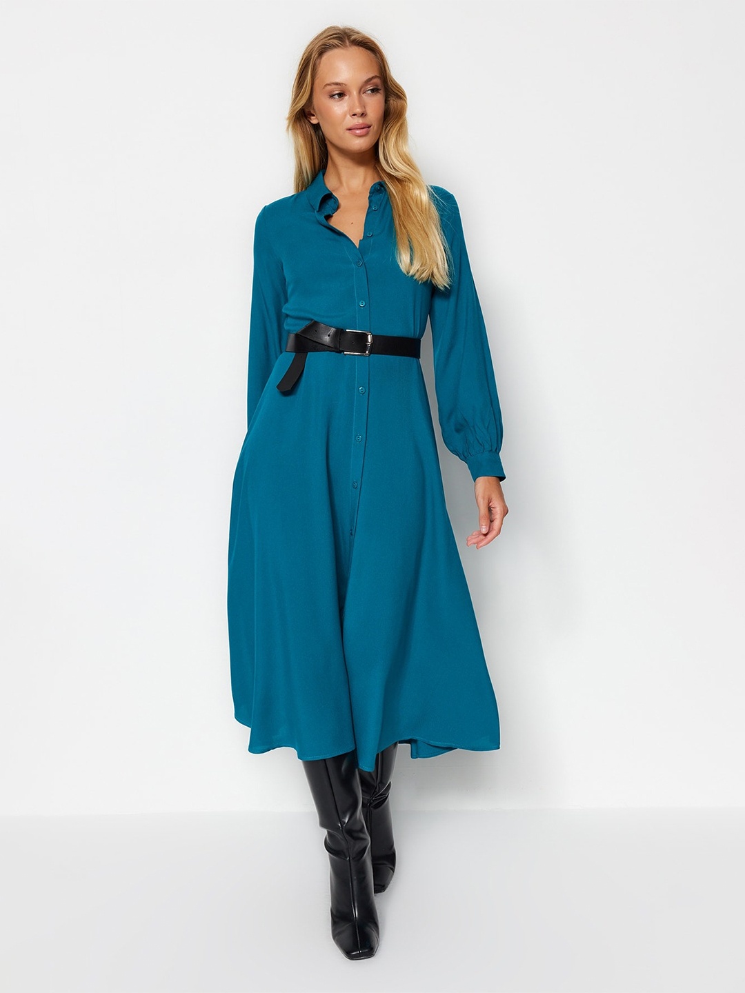 

Trendyol Cuffed Sleeves Shirt Midi Dress, Blue