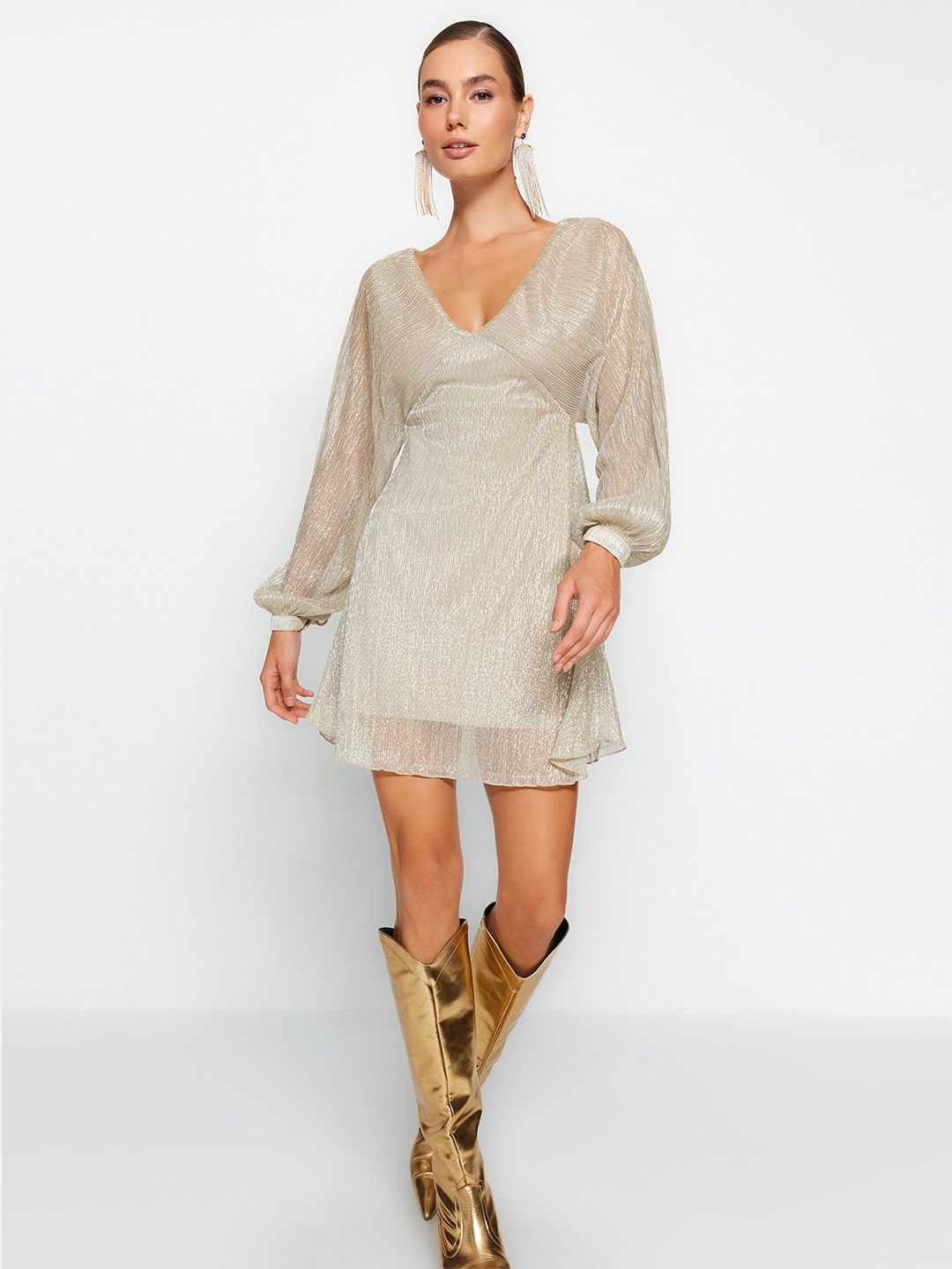 

Trendyol Puff Sleeves A-Line Party Dress, Beige