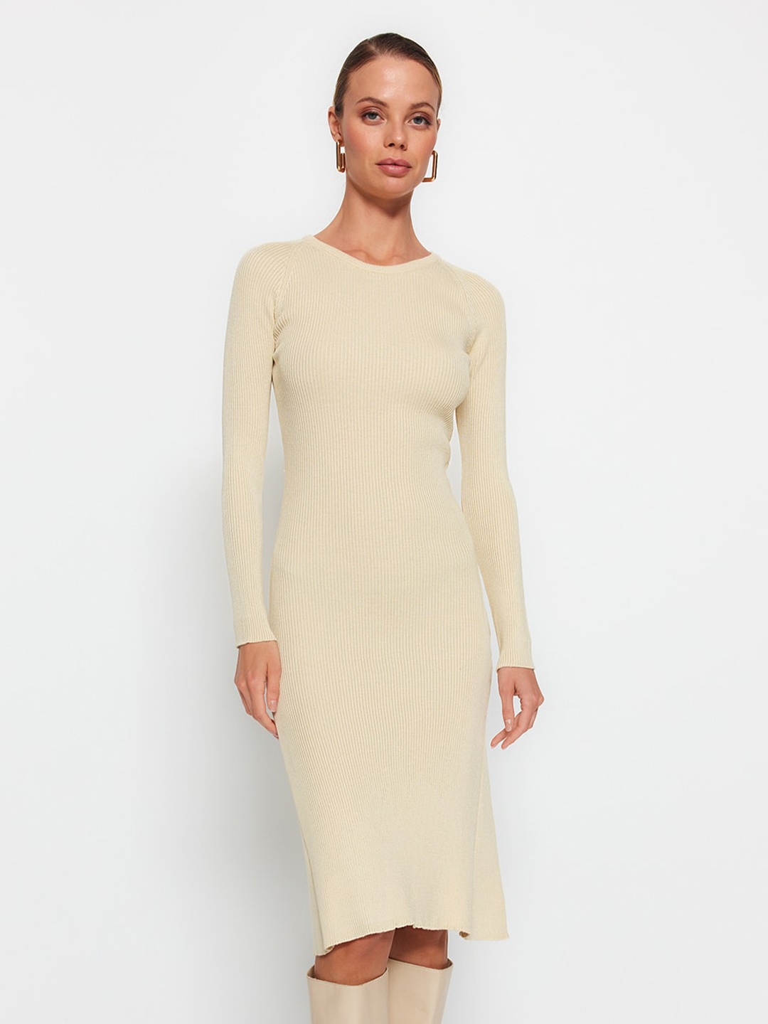

Trendyol Ribbed Long Sleeves A-Line Dress, Beige