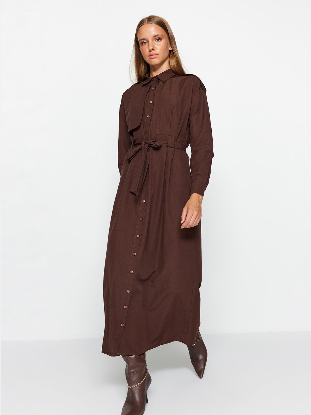 

Trendyol Belted Shirt Style Maxi Dress, Brown