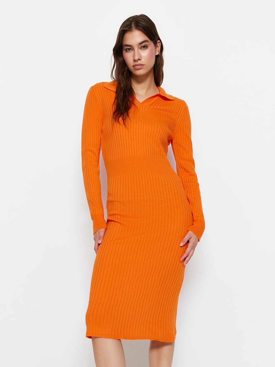

Trendyol Ribbed Acrylic Bodycon Midi Dress, Orange
