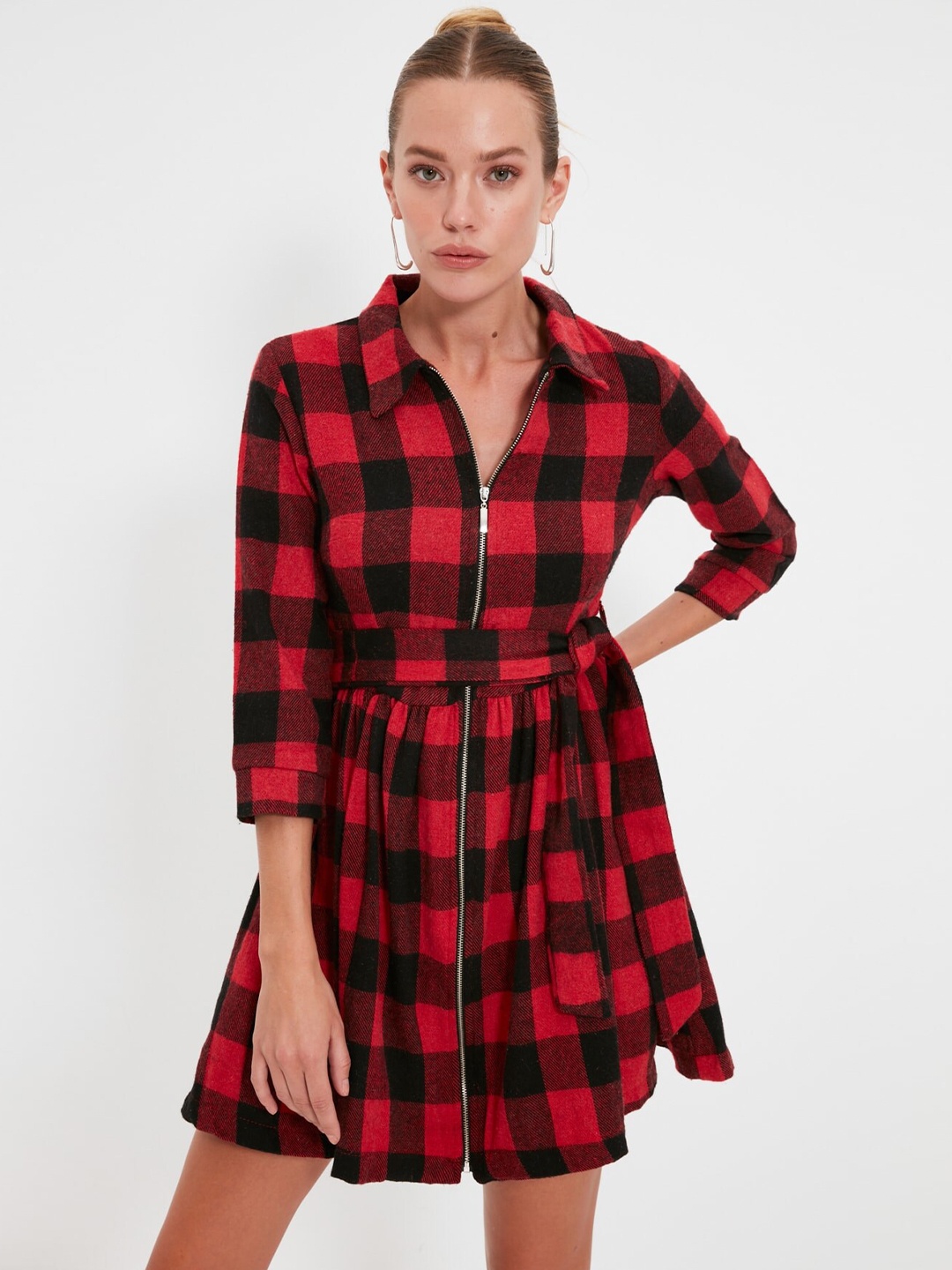 

Trendyol Checked Shirt Collar Cuffed Sleeves Tie-Ups Detail Fit & Flare Dress, Red