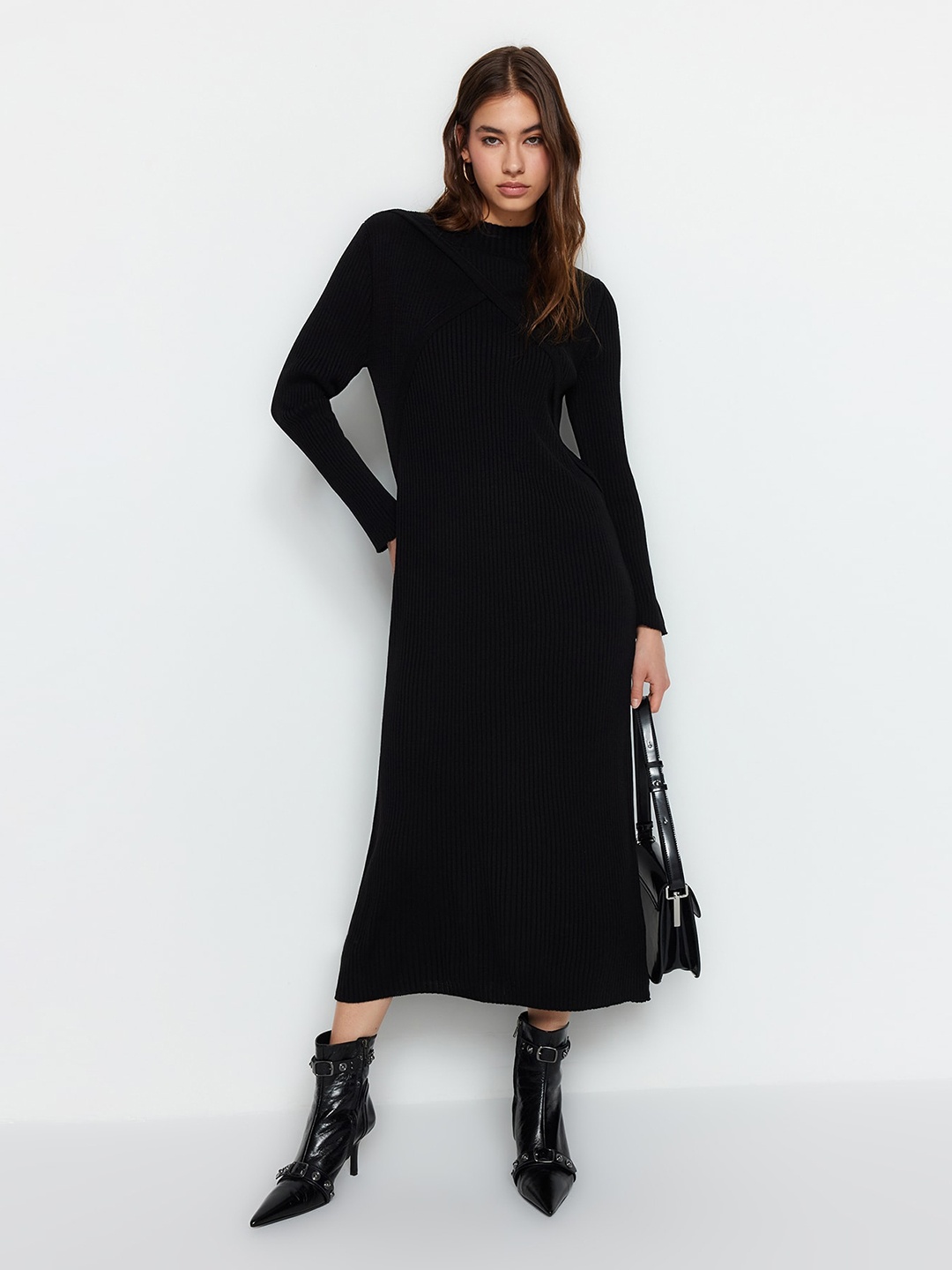 

Trendyol High Neck Ribbed Knitted A-Line Dress, Black