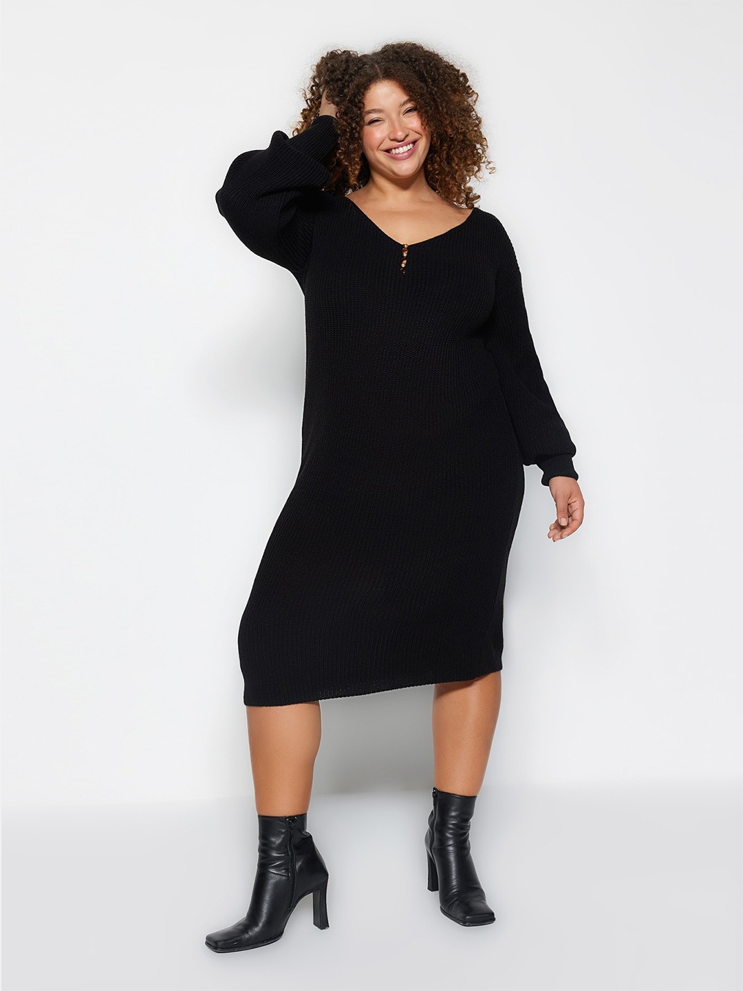 

Trendyol Ribbed V-Neck Acrylic Jumper Dress, Black