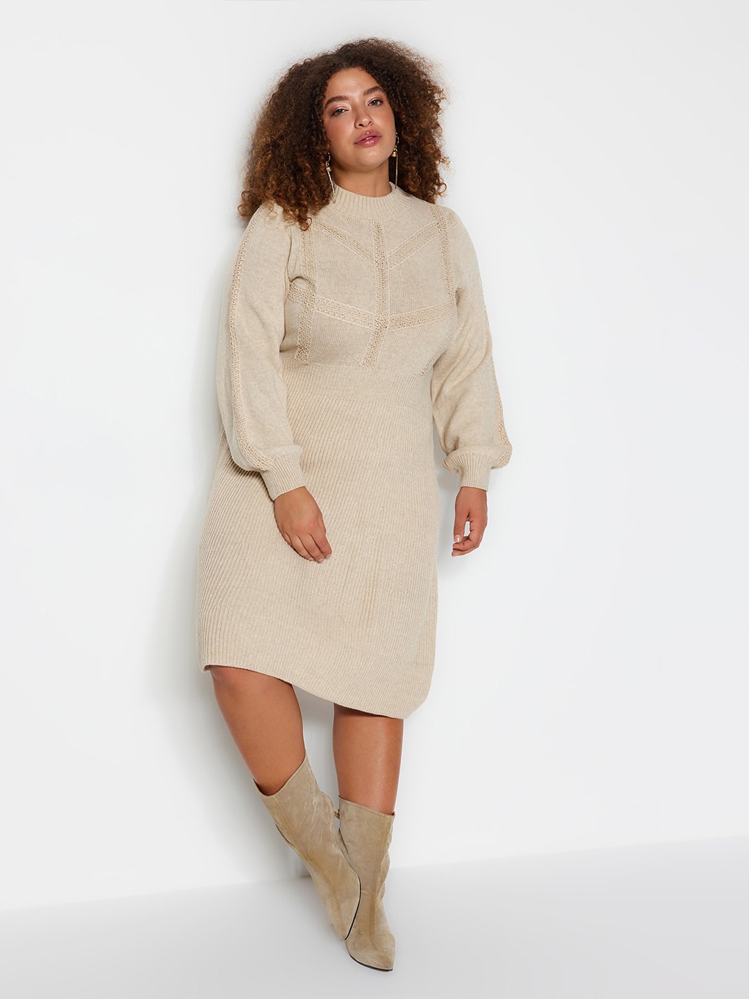 

Trendyol Plus Size Knitted A-Line Dress, Beige