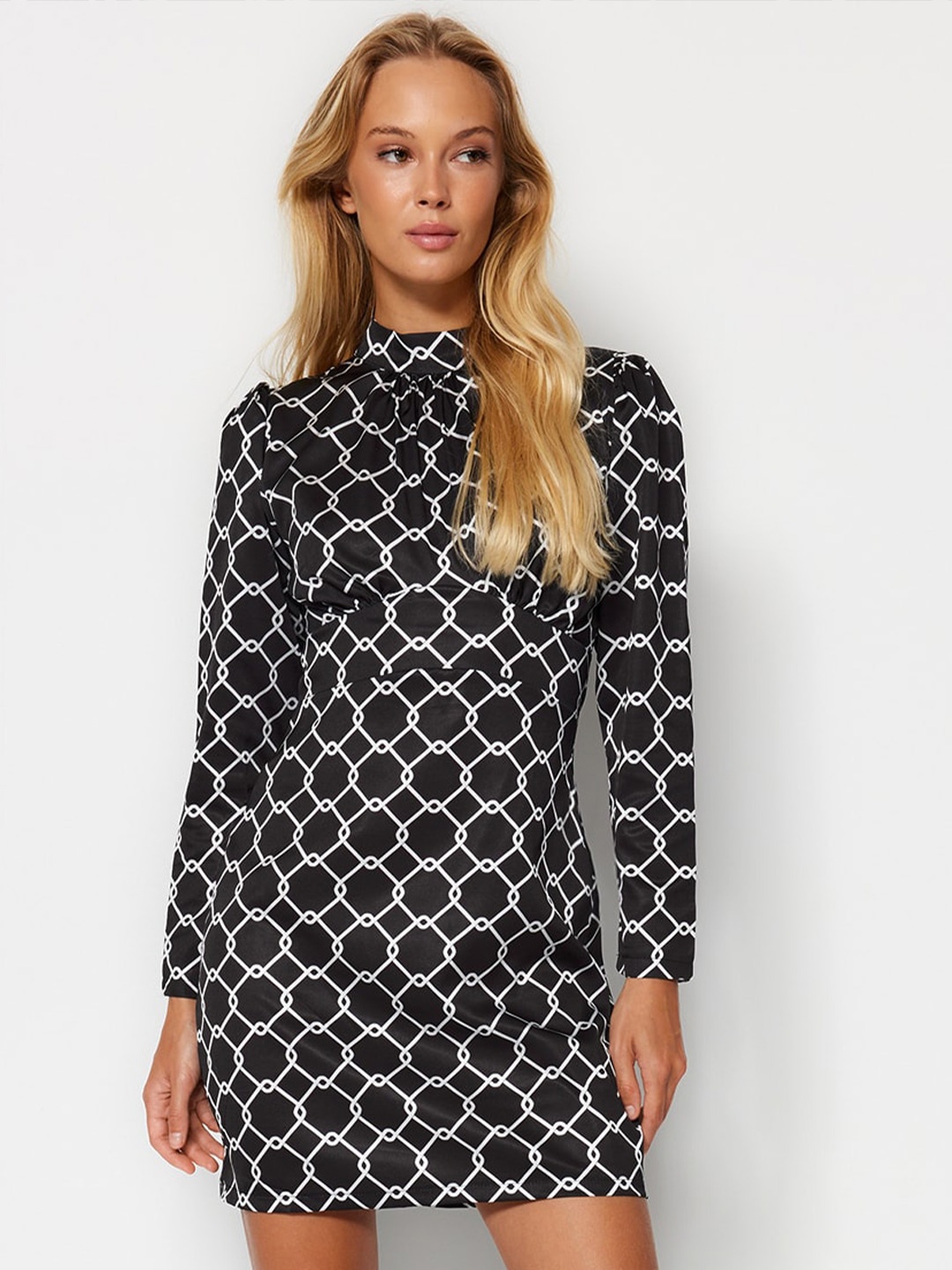 

Trendyol Geometric Printed High Neck Sheath Dress, Black