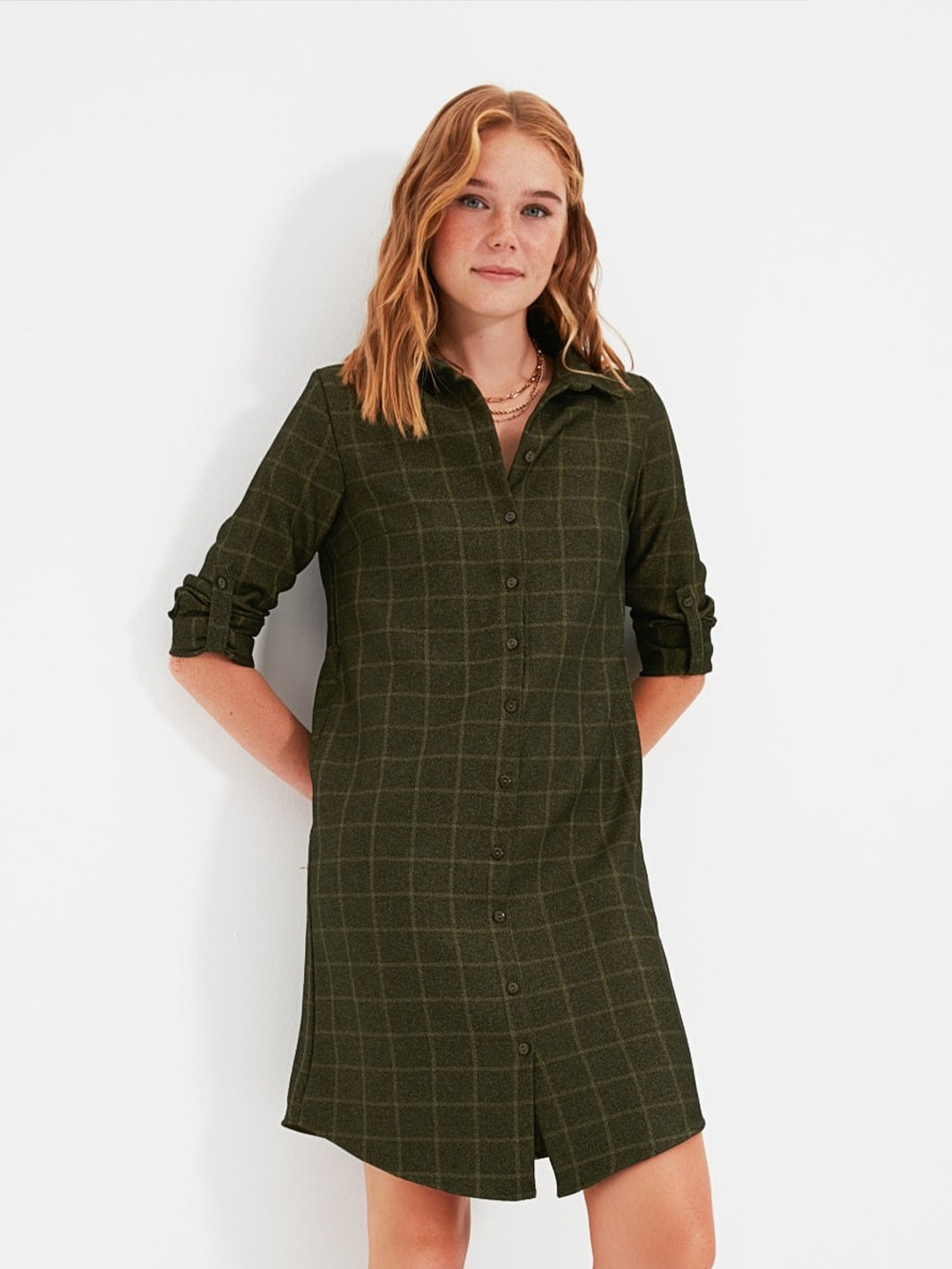 

Trendyol Shirt Collar Checked Shirt Dress, Olive