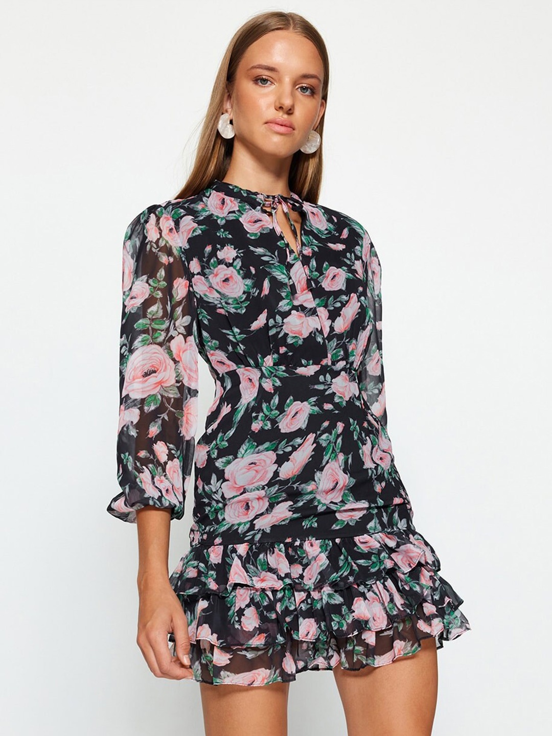 

Trendyol Floral Printed Tie-Up Neck Puff Sleeve Sheath Mini Dress, Black