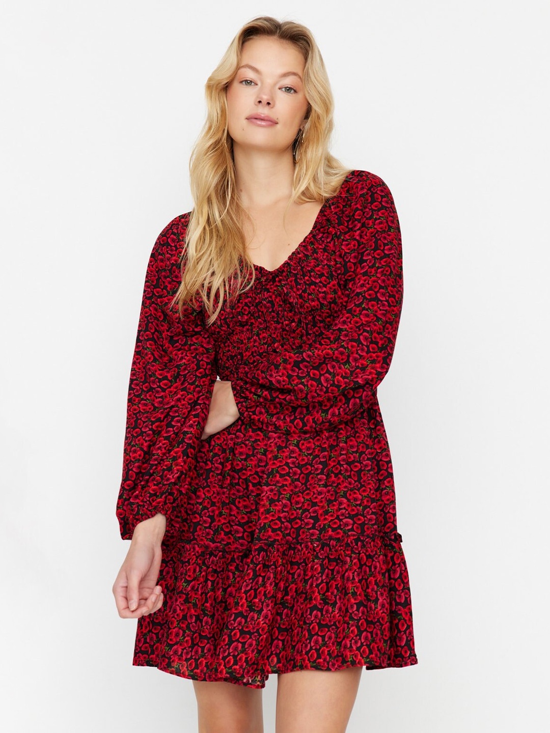 

Trendyol Floral Printed Puff Sleeve Smocked Flounce Hem A-Line Dress, Red