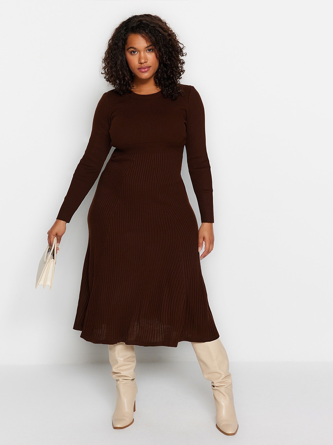 

Trendyol Self Designed Round Neck Acrylic A-Line Midi Dress, Brown