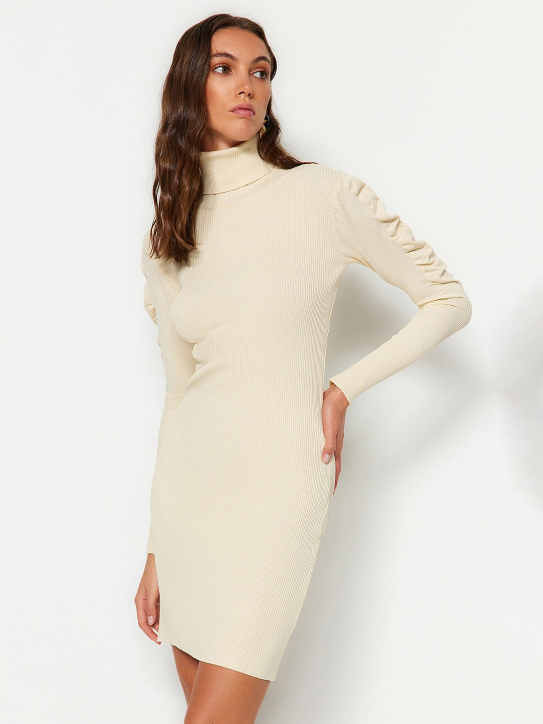 

Trendyol Mock Neck Long Sleeves Bodycon Dress, Beige