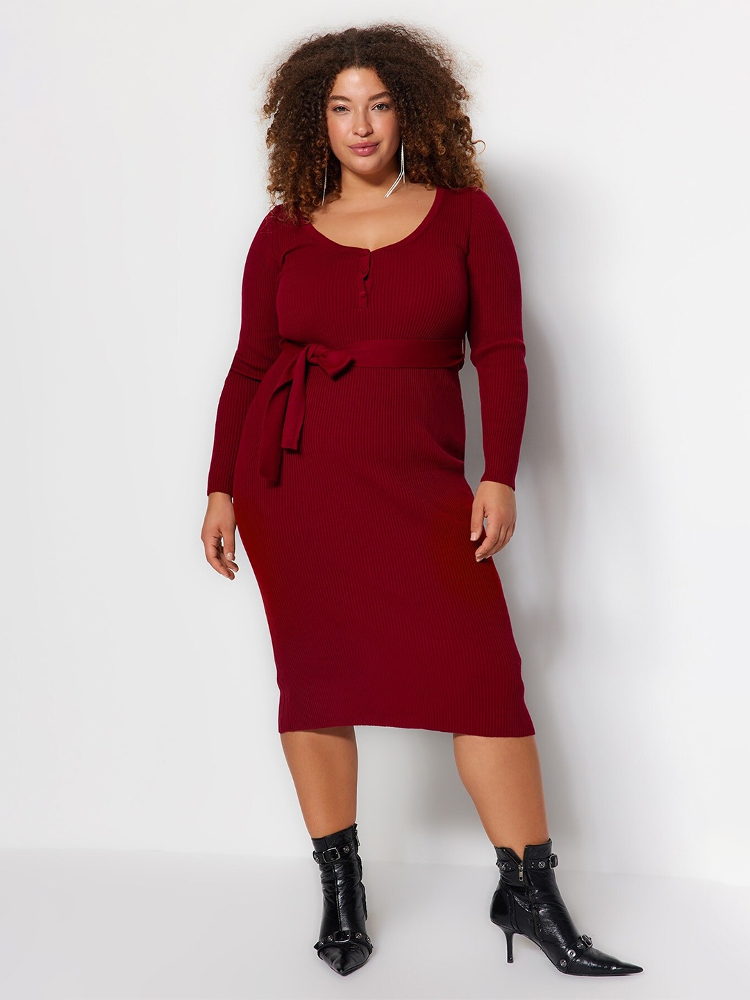 

Trendyol Plus Size Self Design Belted Bodycon Midi Dress, Burgundy