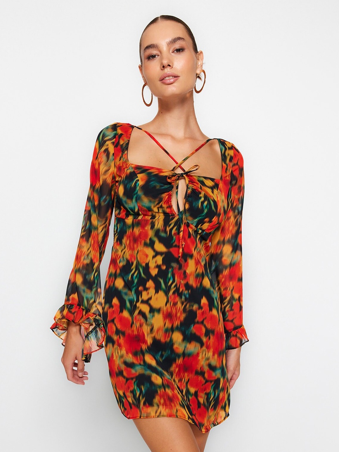 

Trendyol Floral Printed Puff Sleeves A-Line Dress, Orange