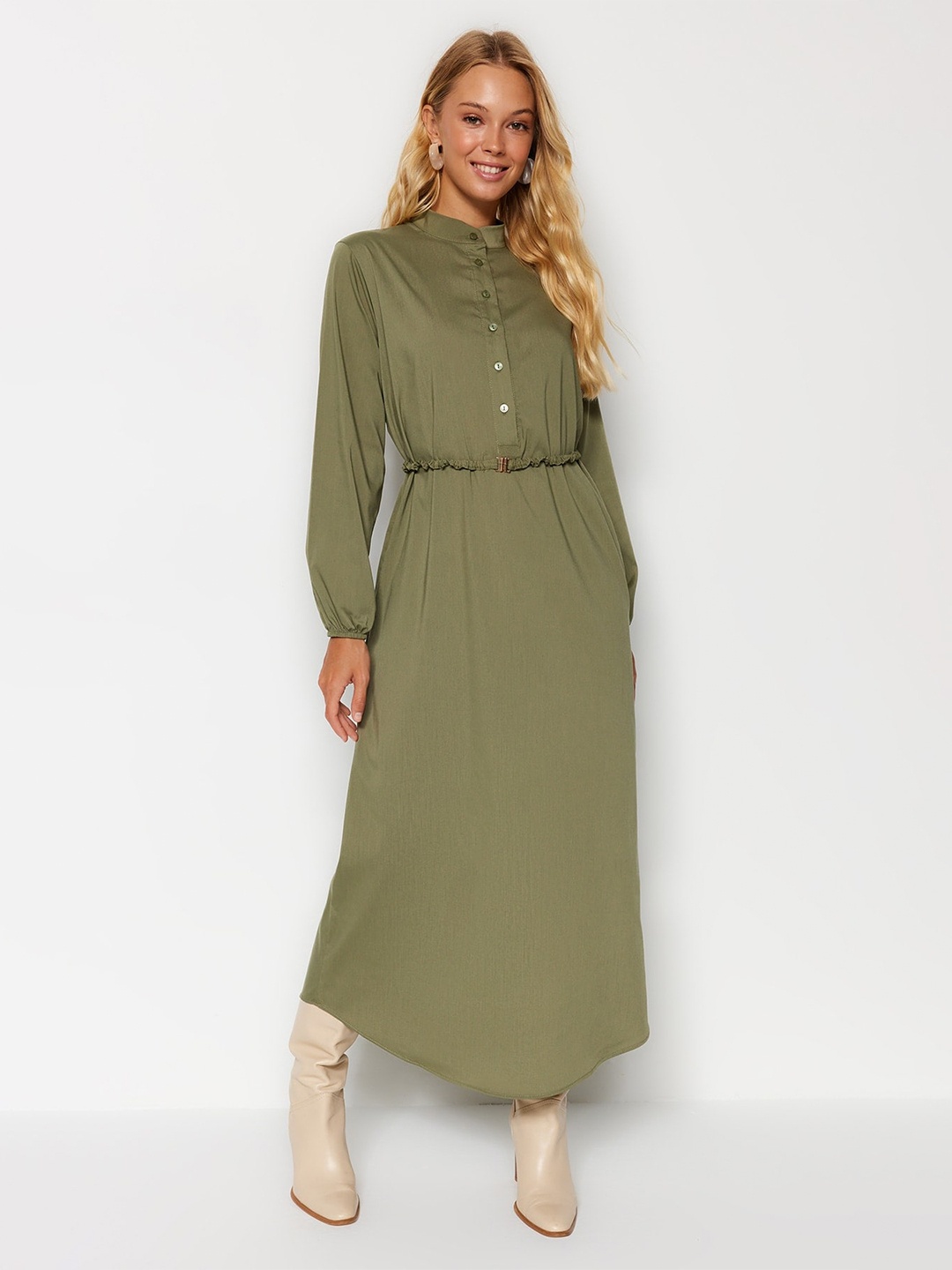 

Trendyol Band Collar Puff Sleeves A-Line Midi Dress, Khaki