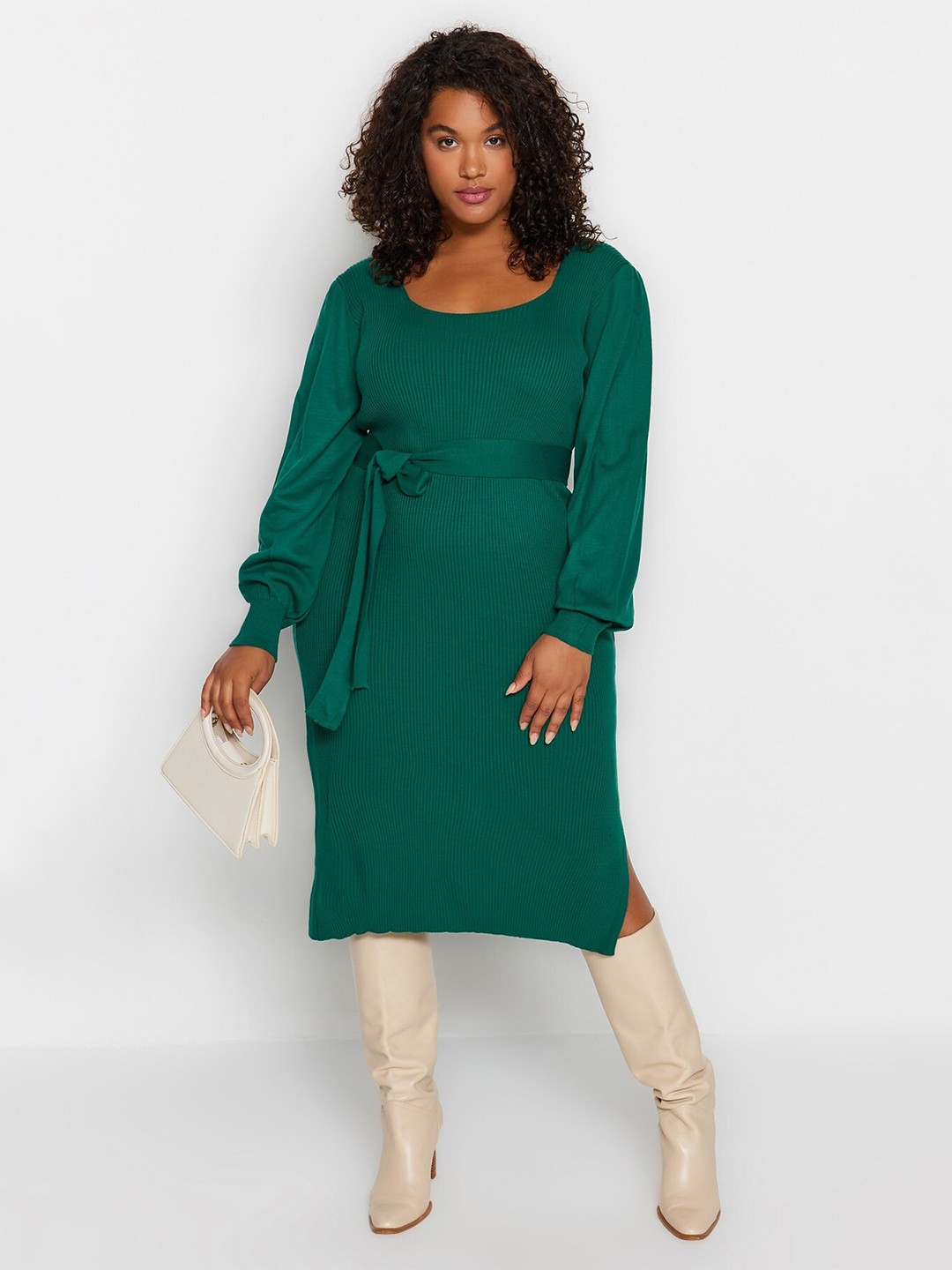 

Trendyol Plus Size Ribbed Cuffed Sleeves Scoop Neck Acrylic A-Line Dress, Green