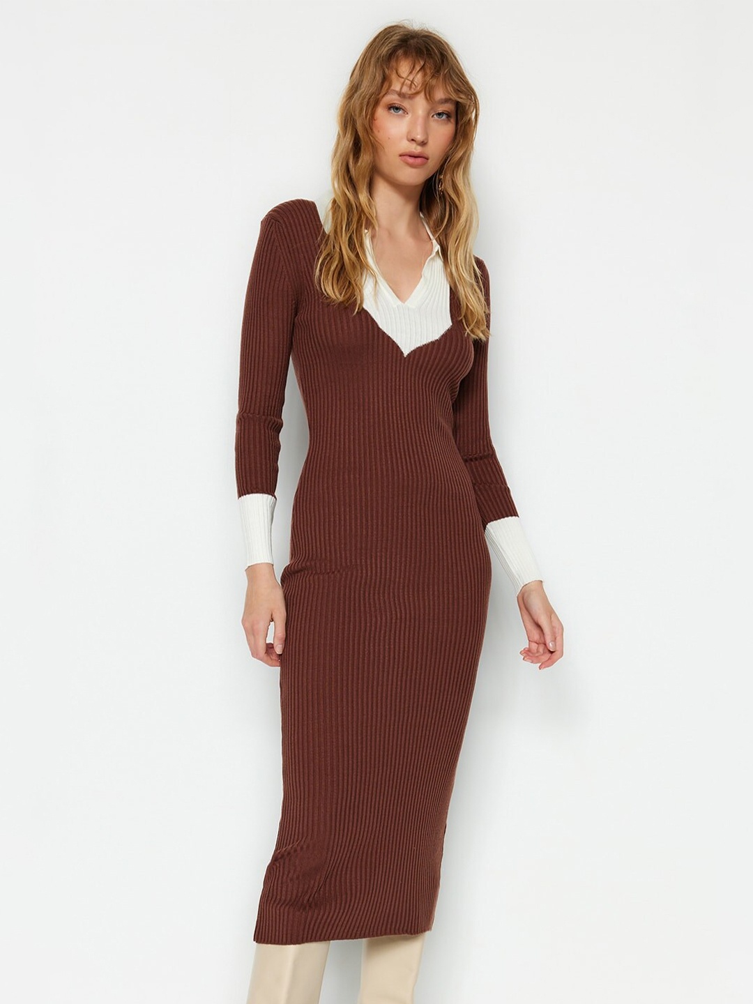 

Trendyol Colourblocked Shirt Collar Acrylic Sheath Midi Dress, Brown