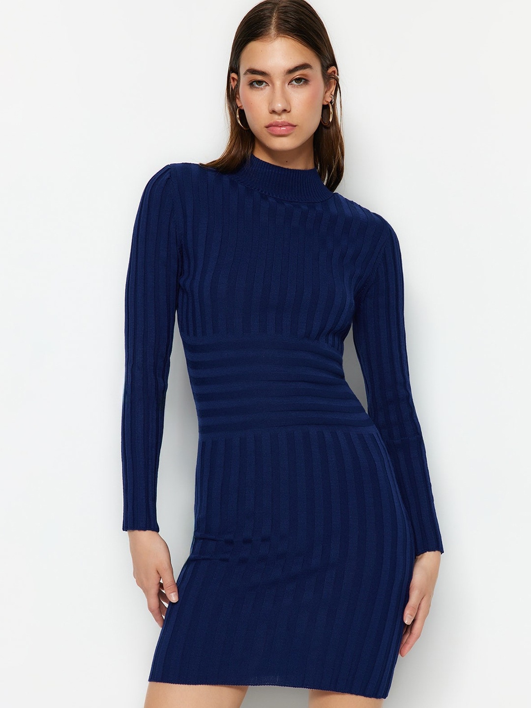 

Trendyol Striped High Neck Long Sleeves Pure Acrylic Bodycon Mini Dress, Blue