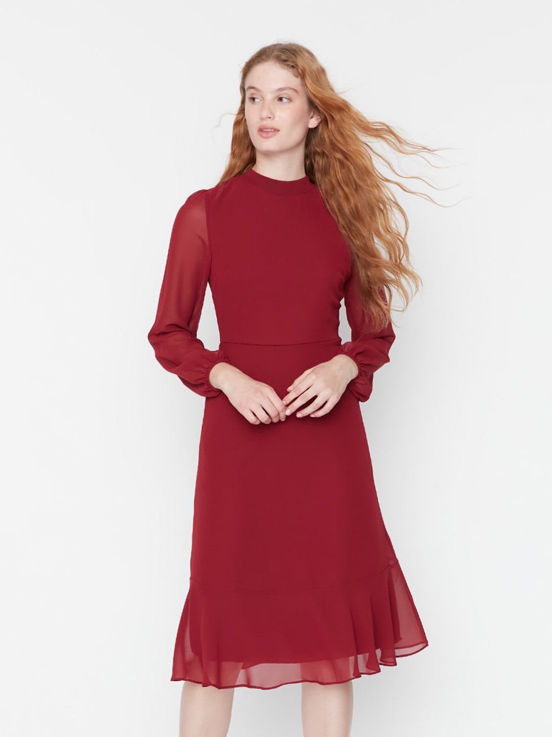 

Trendyol High Neck Puffed Sleeves A-Line Dress, Burgundy