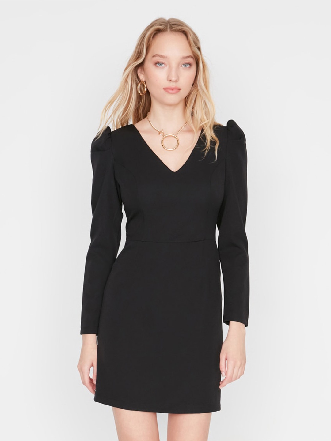 

Trendyol V-Neck Regular Sleeves A-Line Mini Dress, Black
