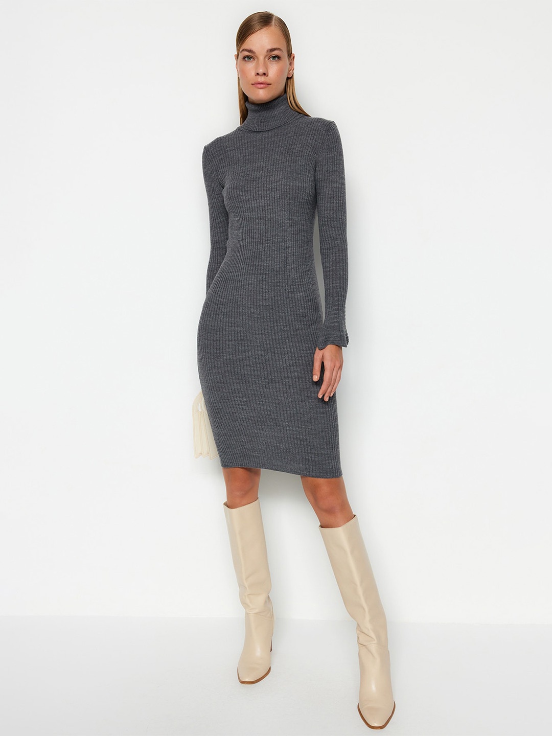 

Trendyol Self Design Turtle Neck Acrylic Jumper Dress, Grey