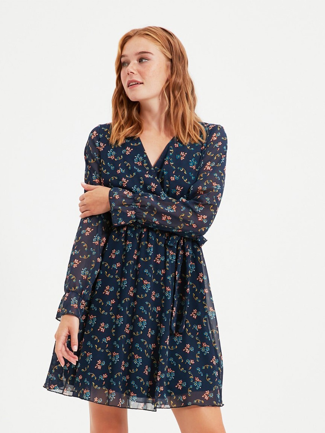 

Trendyol Floral Printed Fit & Flare Dress, Navy blue