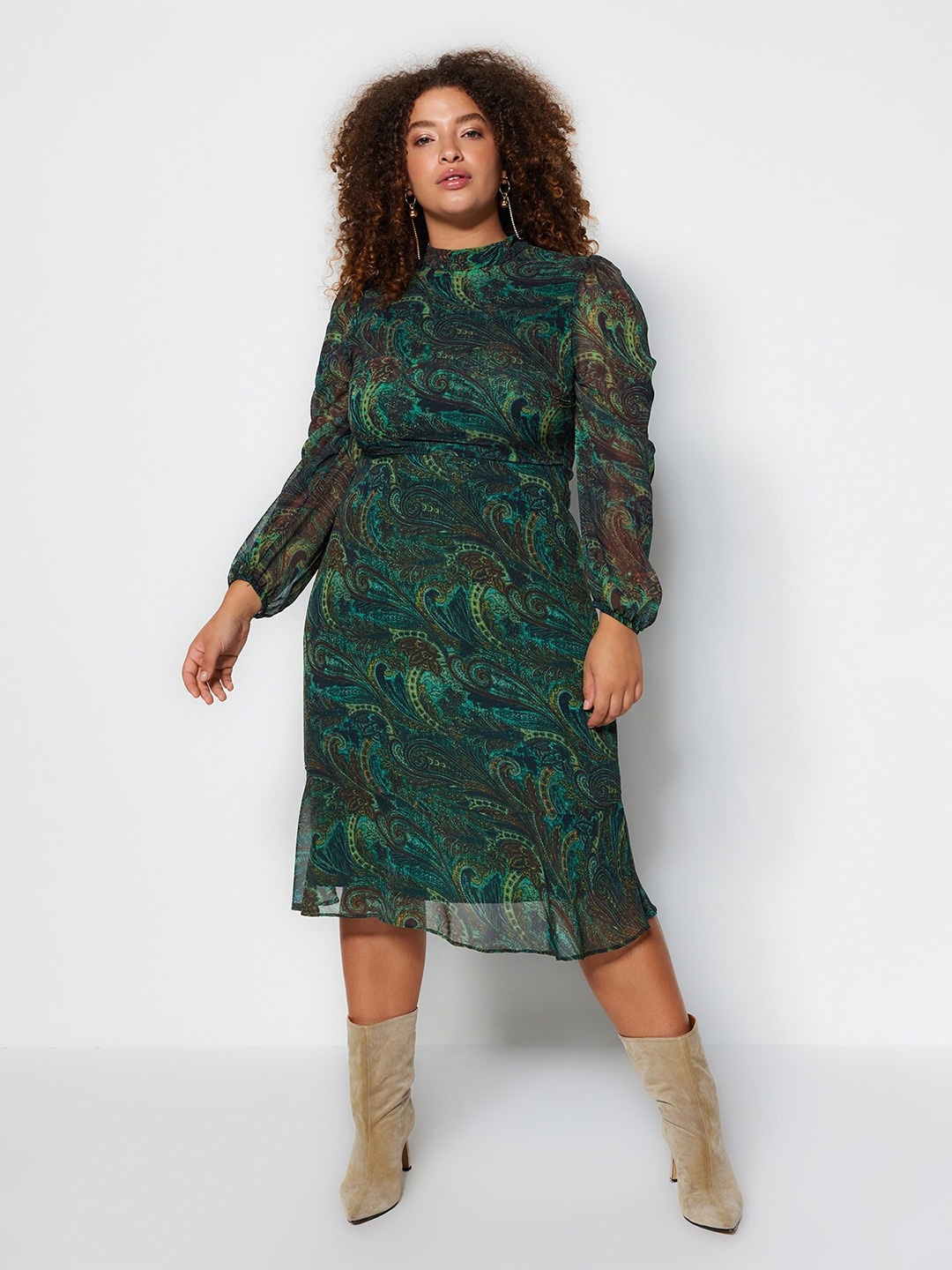 

Trendyol Floral Printed Puff Sleeves A-Line Midi Dress, Green