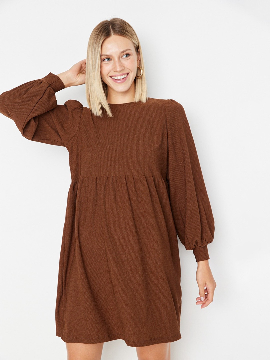 

Trendyol Boat Neck Puff Sleeves Knitted A-Line Dress, Brown
