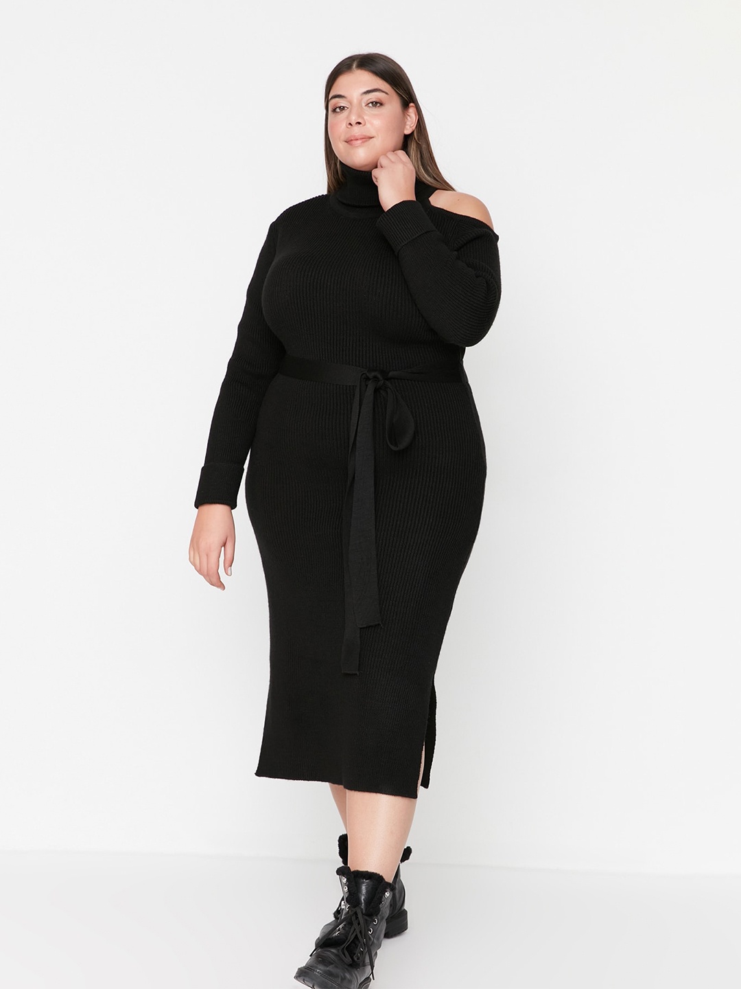 

Trendyol Plus Size Ribbed Mock Neck Cut-Outs Acrylic Bodycon Midi Dress, Black