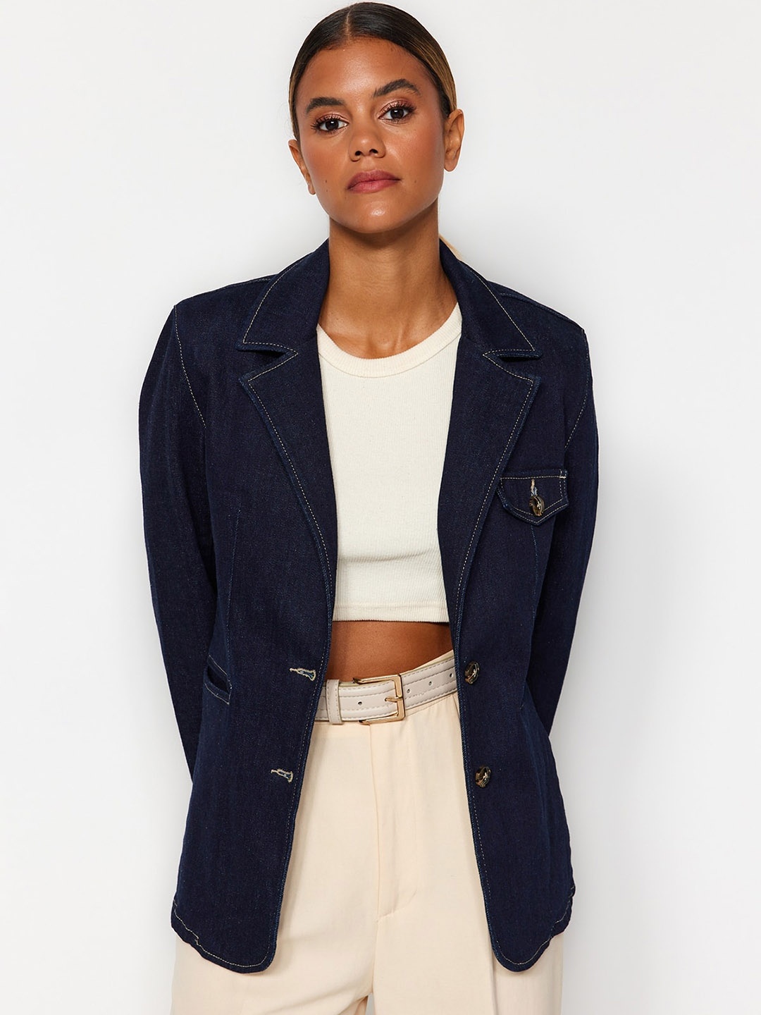 

Trendyol Notched Lapel Collar Single Breasted Blazer, Navy blue