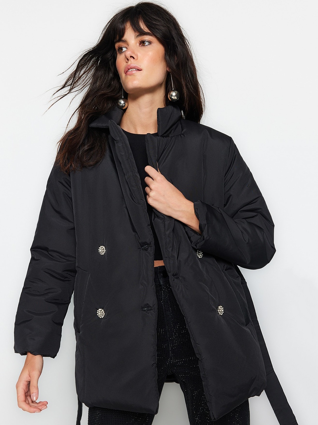 

Trendyol Lapel Collar Belted Longline Padded Jacket, Black