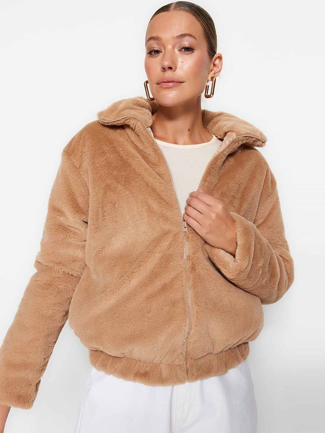 

Trendyol Mock Collar Faux Fur Trim Bomber Jacket, Beige