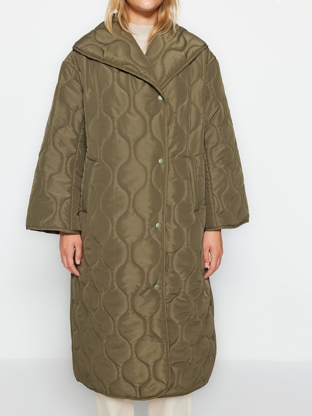 

Trendyol Geometric Self Design Longline Quilted Jacket, Khaki