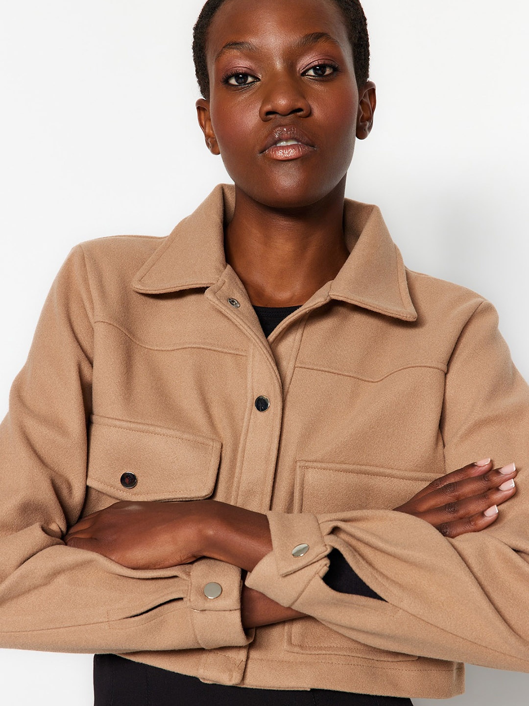 

Trendyol Spread Collar Long Sleeves Crop Tailored Jacket, Brown
