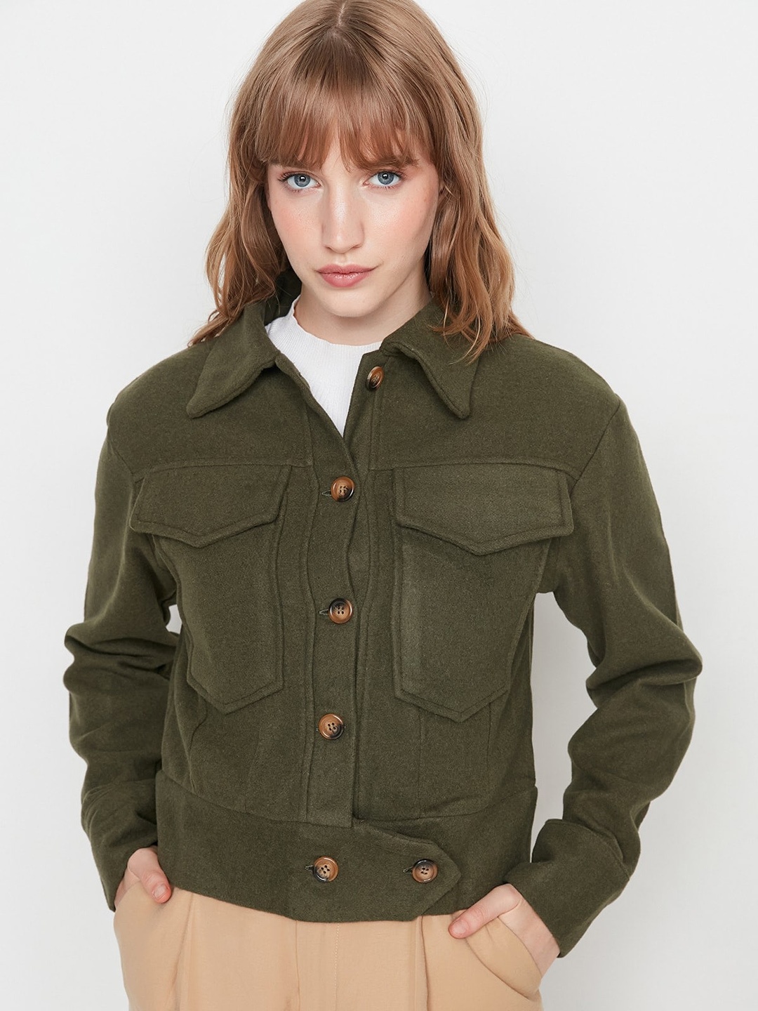 

Trendyol Spread Collar Cotton Tailored Jacket, Olive