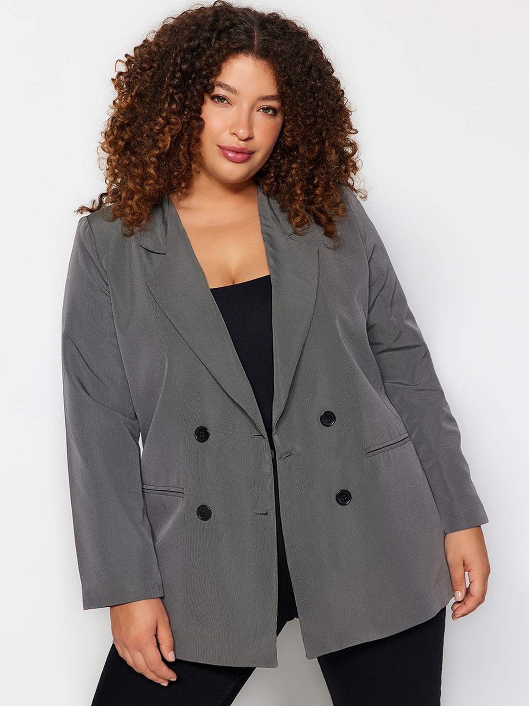 

Trendyol Notched Lapel Double-Breasted Casual Blazer, Grey