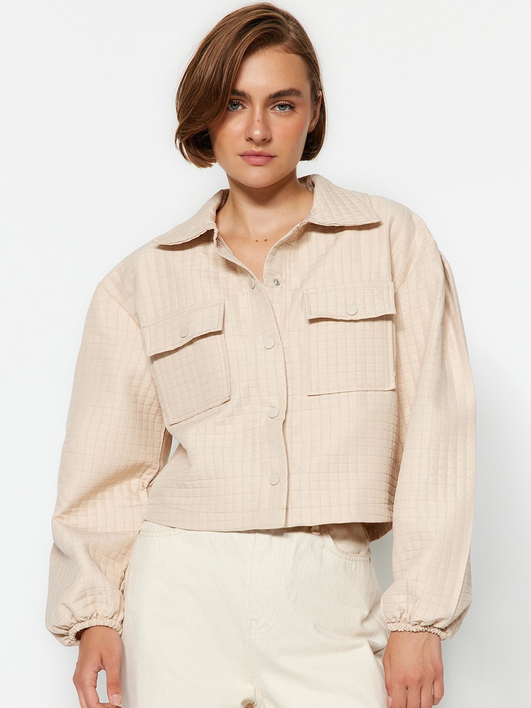 

Trendyol Checked Spread Collar Tailored Jacket, Beige