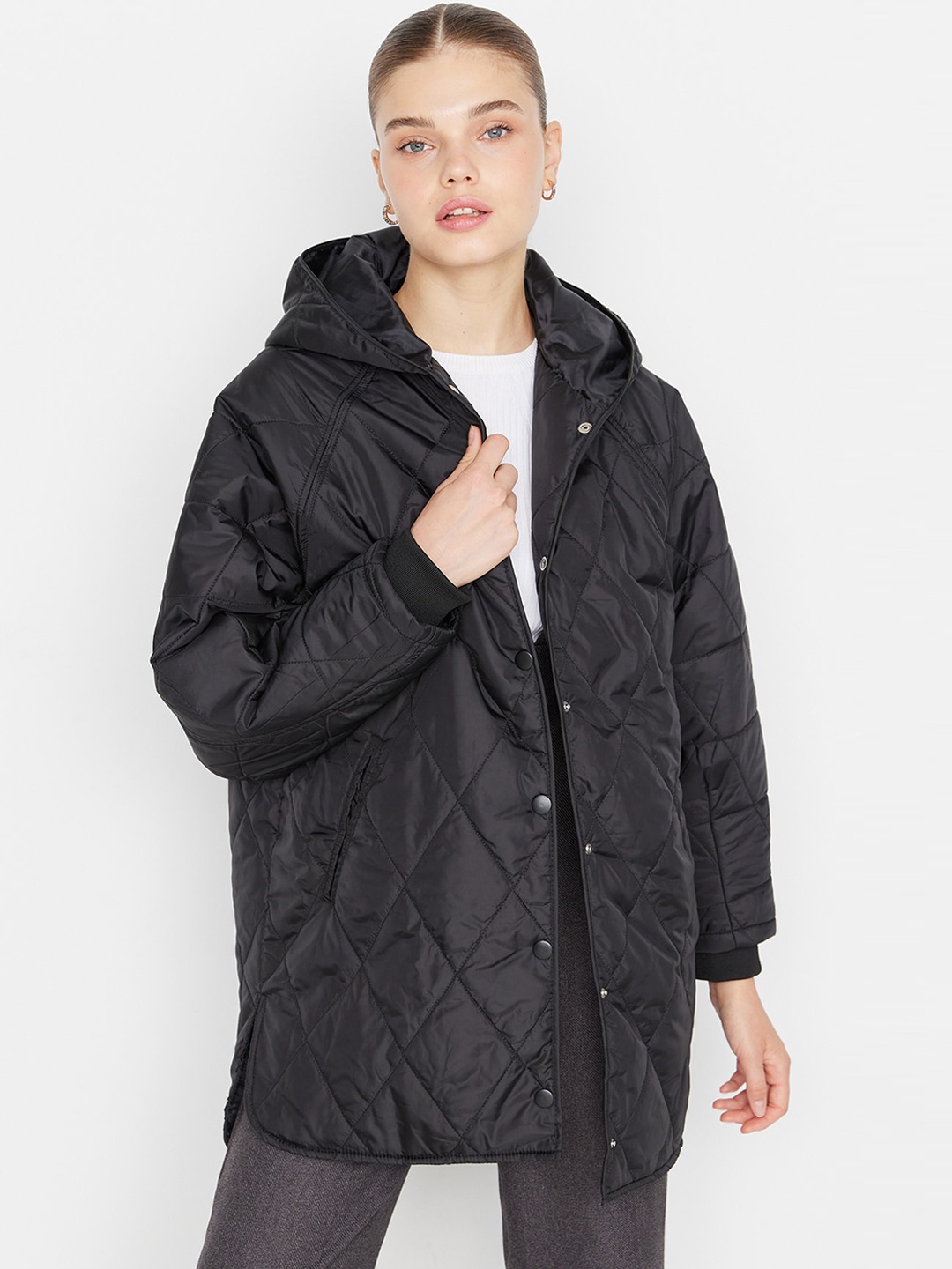 

Trendyol Checked Hooded Longline Padded Jacket, Black