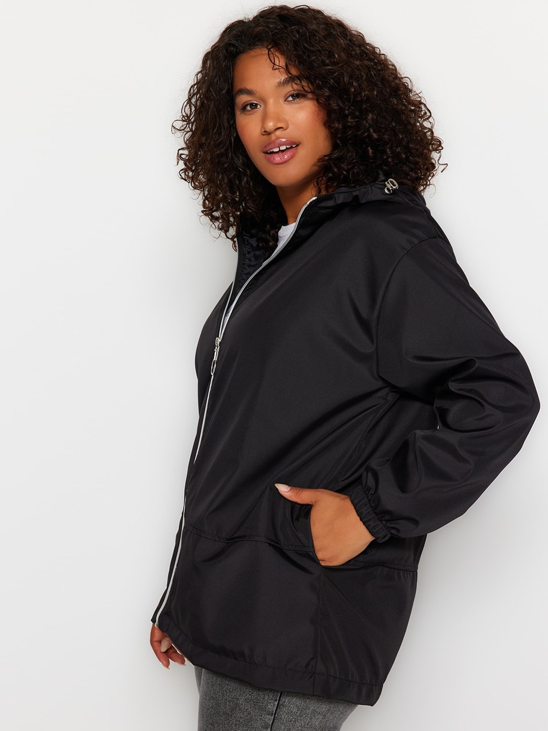 

Trendyol Plus Size Hooded Longline Tailored Jacket, Black