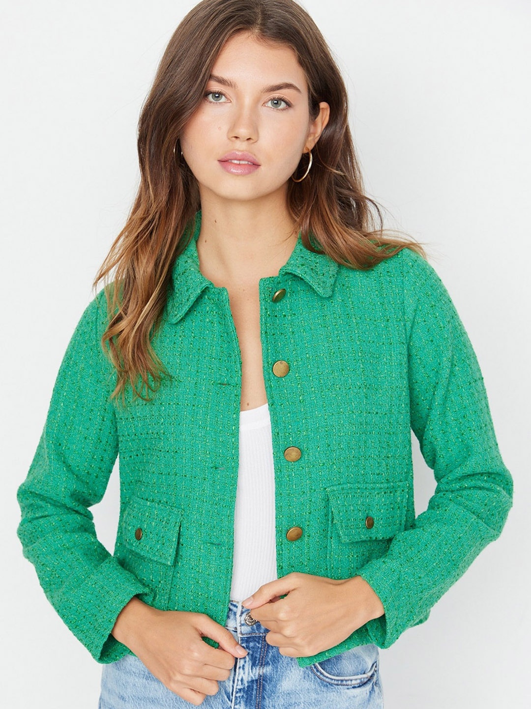 

Trendyol Self Design Crop Tailored Jacket, Green