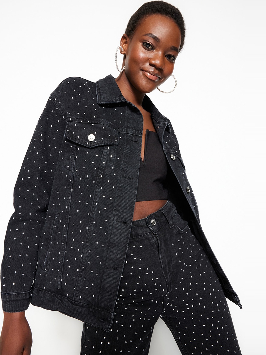 

Trendyol Printed Cotton Denim Jacket, Black