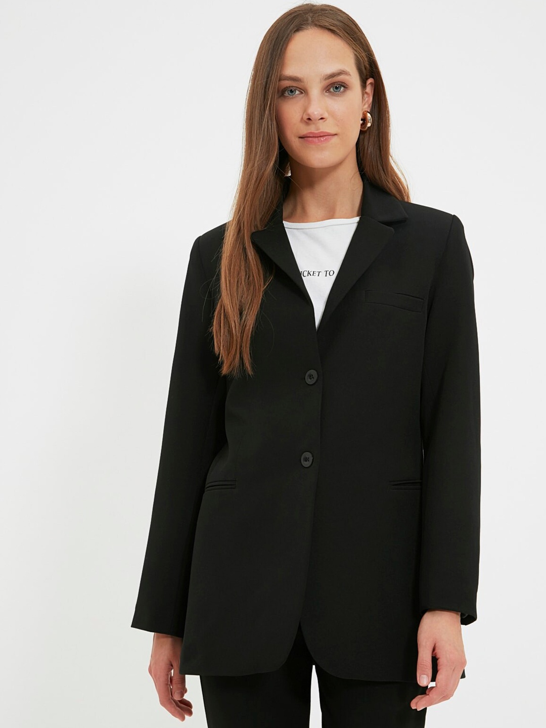 

Trendyol Notched Lapel Collar Single-Breasted Longline Blazer, Black