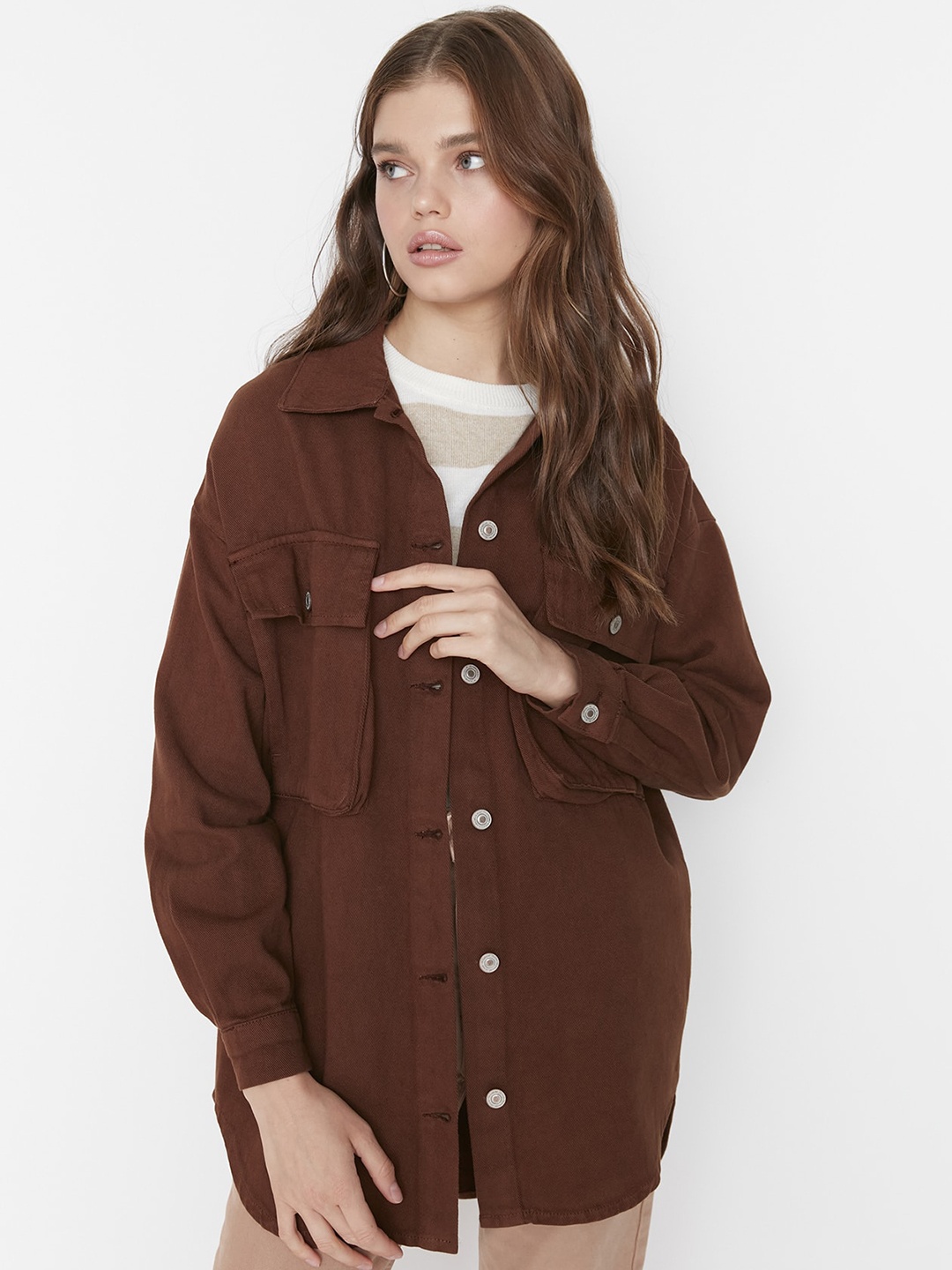 

Trendyol Spread Collar Pure Cotton Longline Tailored Jacket, Brown